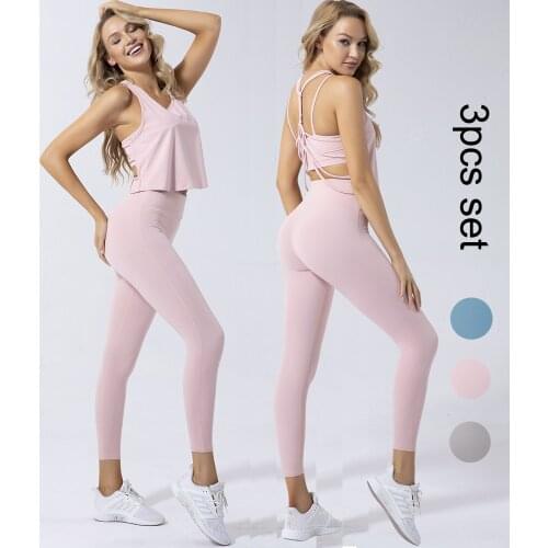 Women Yoga Set Backless Top Gathering Bra and Leggings 3 Pcs Workout Sport Suits