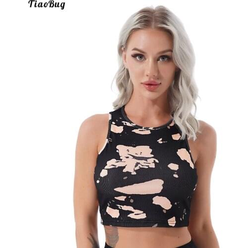 TiaoBug Women Summer Breathable Round Neck Sleeveless Tie Dye Print Crop Crochet Sport Vest Tops For Yoga Gym Running Fitness