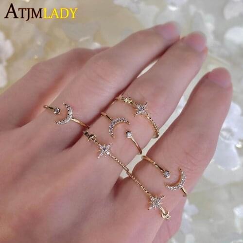 Set Of 2 Pieces Women Finger Ring 925 Sterling Silver Simple Stacking Bands CZ Starburst Moon Shaped Delicate Fashion Rings