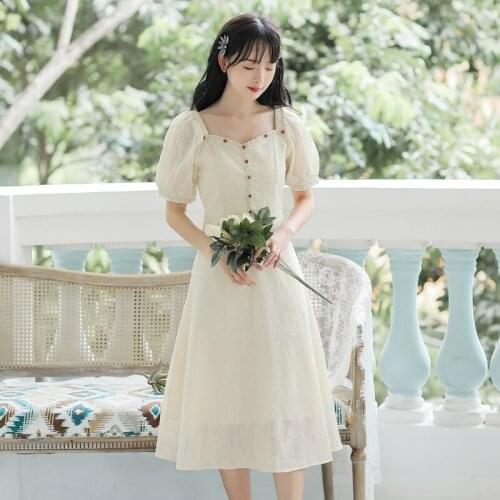 French Retro Summer Square Neck Dress Women Red Flowers Chic Retro Puff Sleeve Elegant Dress Sweet Party Vestidos