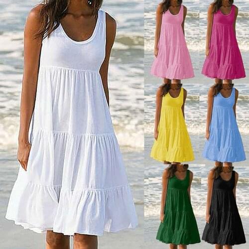 Dresses for women 2021 Colorful Sleeveless Round Neck Knee-Length Skirt Solid Color Splicing Big Swing Casual Beach Sundress