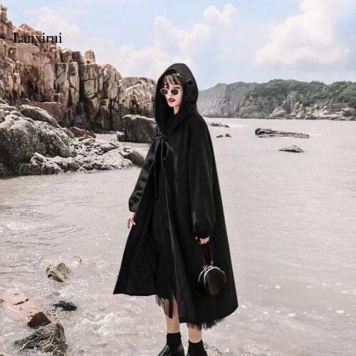 Autumn And Winter New Korean Red Horn Button Tweed Coat Womens Middle Long Hooded Students Woolen Coat