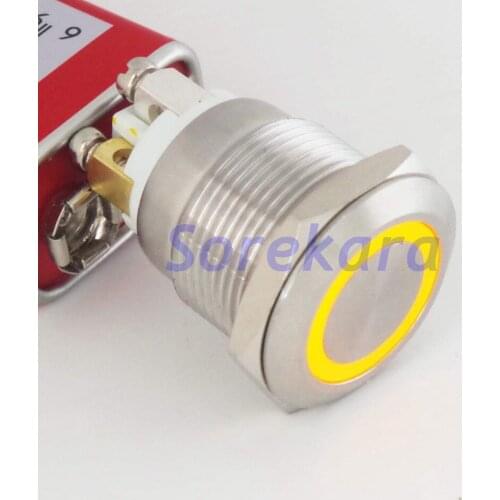19mm Hole Stainless Steel Dot LED Color YELLOW Momentary 1NO Pushbutton Switch IP65 UL 6V/12V/24V/110V/220V