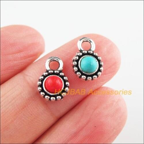 25 New Tiny Round Charms Tibetan Silver Tone Red & Blue Stone Flower Pendants 7x11mm