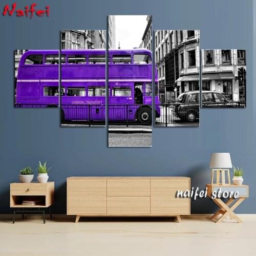 5d diamond painting 5 pcs purple bus diy full square drill diamond embroidery mosaic view rhinestone city street landscape