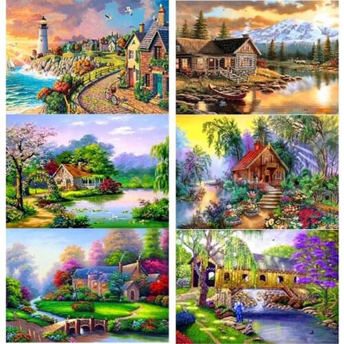 New 5D DIY Diamond Painting Full Square Round Drill Sunset House Diamond Embroidery Scenery Cross Stitch Home Decor Manual Gift