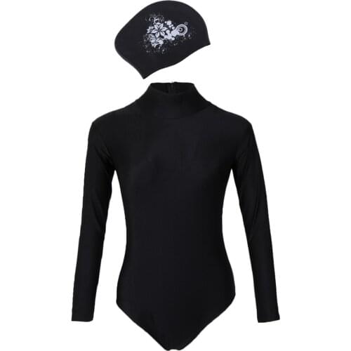 Basic Long Sleeve Bodysuit One Piece Swimsuit & Swim Cap For Women Girls