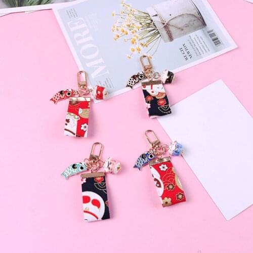 Japanese Lucky Cat Keychain Satin Cloth Yearly Fish Keyring New Year Gift Cartoon Jewelry Women Men Bag Car Pendant Key Chains