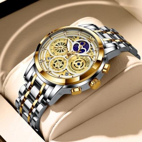 LIGE 2021 New Fashion Mens Watches Top Brand Luxury Stainless Steel Waterproof Sports Chronograph Quartz Watch Relogio Masculino