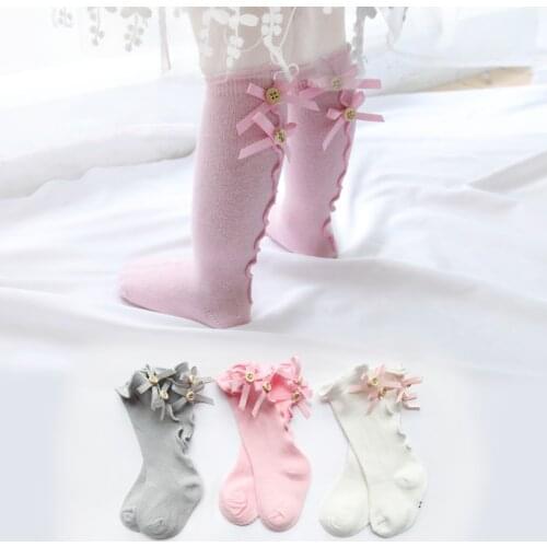 Children sock princess dress socks with bow ruffled pattern Soft Cotton knee high sock for baby girls wedding sock