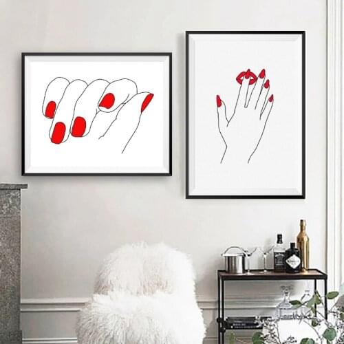 Girl Red Nails Line Hand Drawing Art Canvas Painting Manicurist Gifts Nail Salon Wall Art Poster Prints Beauty Salon Wall Decor