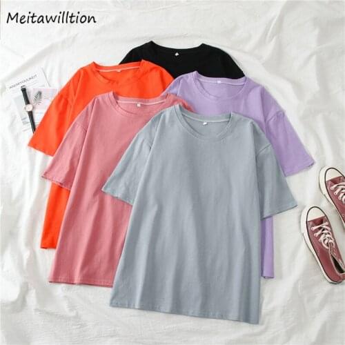 Womens Cotton T Shirts 2020 Casual Solid O-Neck Short Sleeve Black White Tee Shirt Harajuku Loose Basic Tops