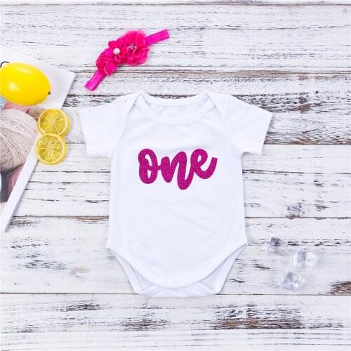 Zcaynger Newborn Baby Girls Short Sleeve Cotton Jumpsuit Clothes First Birthday Clothes Toddler Clothes With Flower Headwear Set