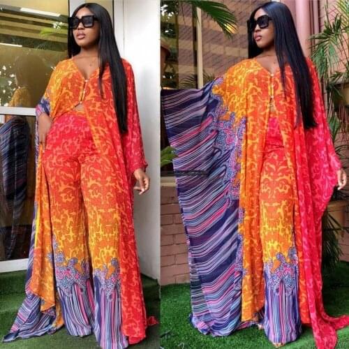 Two Piece Women New Fashion Dashiki Chiffon Cardigan Bat Sleeve Dress Wide Leg Trousers African Clothing Plus Size African Robe