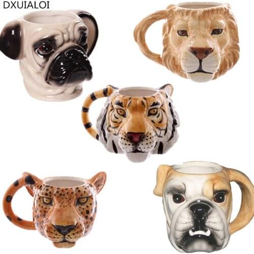 Creative animal dog lion leopard tiger head ceramic cup painted ceramic cup stereo dog head mug childrens room decoration gift