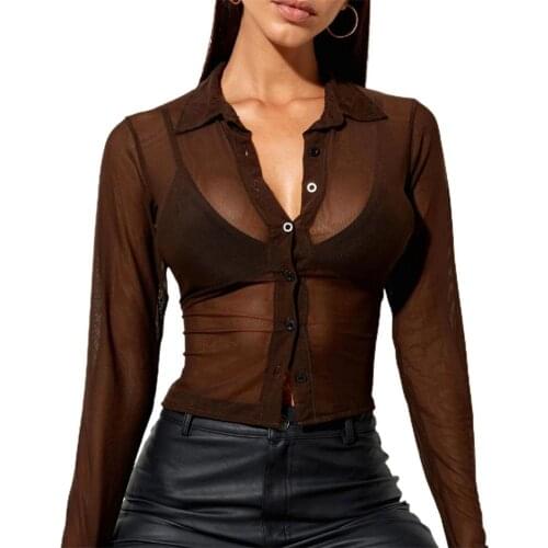 Mesh Crop Top Women Shirts Sexy See Through Long Sleeve Brown Shirts Blouses Women Outfits 2021 Summer Ladies Mesh Tops femme