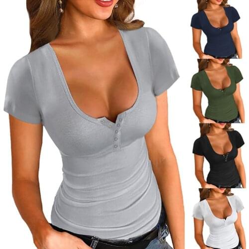 In the summer of 2021 the new female leisure pure color T-shirt U collar tight short sleeve blouse