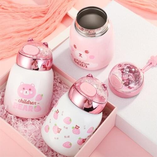 Boxi Cute Stainless Steel Thermal Bottle For Girls Portable Cartoon Sequin Belly Cup With Rope Outdoor Sports Thermos Mug 300 ml