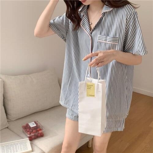 Summer women men couple pajamas set striped sleepwear 2 piece set home clothes single breasted top shorts loungwear suit Y596