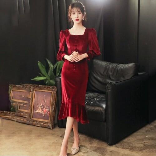 Special Occasion Dresses Vintage Square Collar Button Backless Floor-Length A-Line Luxury Burgundy Elegant Women Prom Gown E904