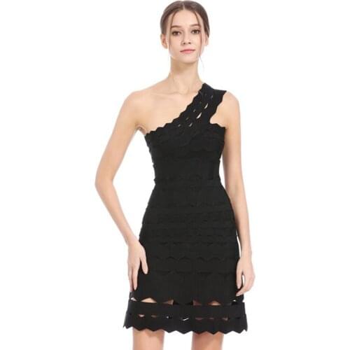 Attractive Jacquard One Shoulder Black Bandage Dress Waved Cold Shoulder Sleeveless Cut Out Mini Femme Bodycon Vestido Dress