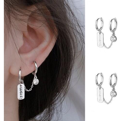 Hip Hop Two Hole Hoop Earring Crystal Zircon Earrings Silver Round Card Pendant Piercing Jewelry for Women Fashion Accessories