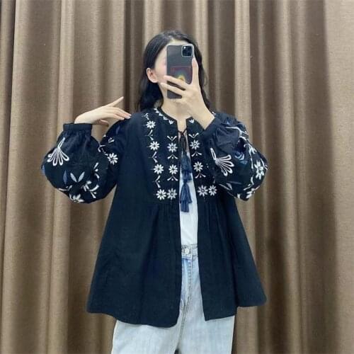 MESTTRAF Women 2021 Fashion Patchwork Embroidery Blouses Vintage Long Sleeve Button-up Female Shirts Coats Streetwear