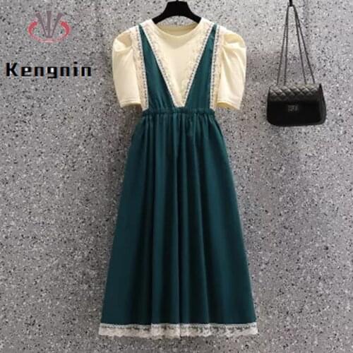 Plus Size 4XL French Style Ladies Sets O-Neck Tops + V-Neck Lace Patchwork Spaghetti Strap Dress Two Piece Women Suit KE1607