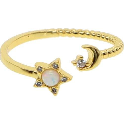 2019 Christmas gift Gold color cz opal stone paved Moon star resizable open finger ring