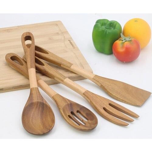 4PCS/Set Wood Cooking Tool Sets Spatula Spoon Colander Fork Set For Kitchen Tools Gadgets Wood Tableware Reusable Tool Kit