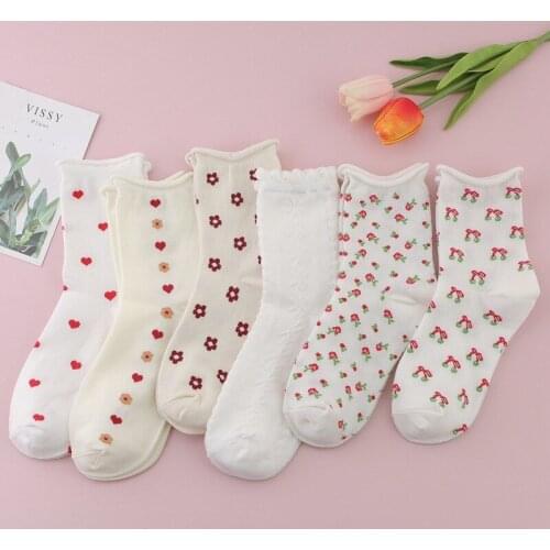 6 Pieces=3 Pairs/Pack Cute Women Socks Funny Heart Flower Printed Korean Style Female Socks TJ3063