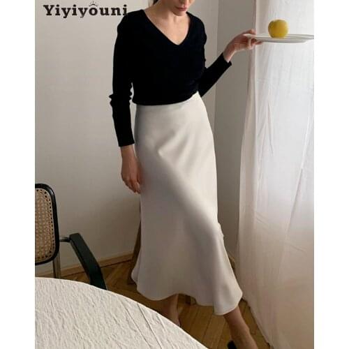 Yiyiyouni Elegant High Waist Satin Silk Skirt Women Spring Solid Slim A-line Skirt Women White Party Mid-Calf Skirt Lady Office