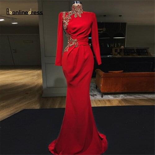 Bbonlinedress Muslim Evening Dresses High Collar Full Sleeves Mermaid Evening Dress Court Train Formal Gowns robe-de-soiree