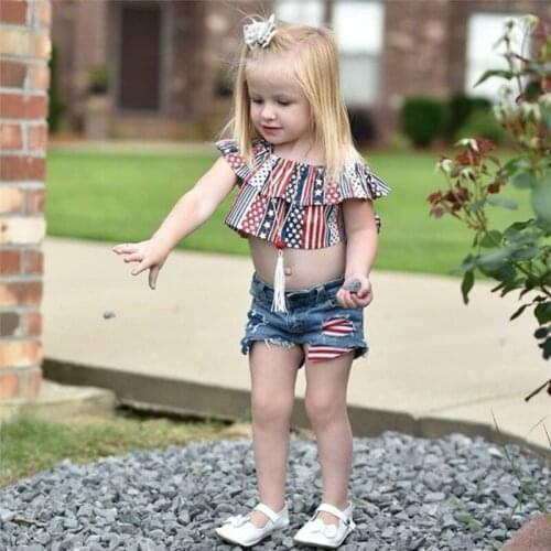 Free shipping Toddler Kids Baby Girl Clothes off shoulder striped pullover Ruffle Strap Tops Denim Button pocket Hole Shorts 2pc