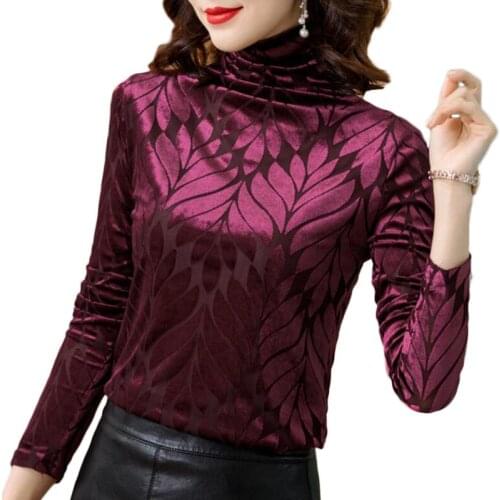 Women Blouses Vintage Flocking Print Long Sleeve Turtleneck Velour Blouse Women Shirts Plus Size Women Tops Camisas De Mujer 4XL
