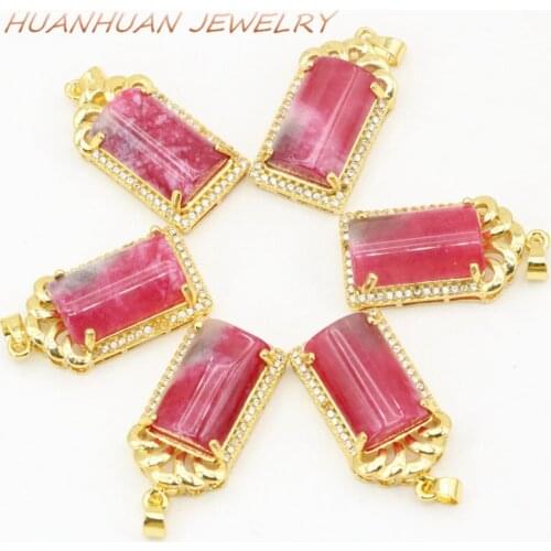 Zircon Pendant 14x29mm with Natural Jades Stone Gold Stainless Steel Zircon Fashion Trendy Women Jewelry B3355