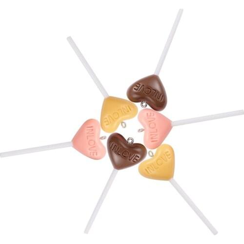 Julie Wang 10PCS Resin Heart Lollipop Charms With Nails Letters IN LOVE Artificial Food Pendant Jewelry Making Accessory Decor