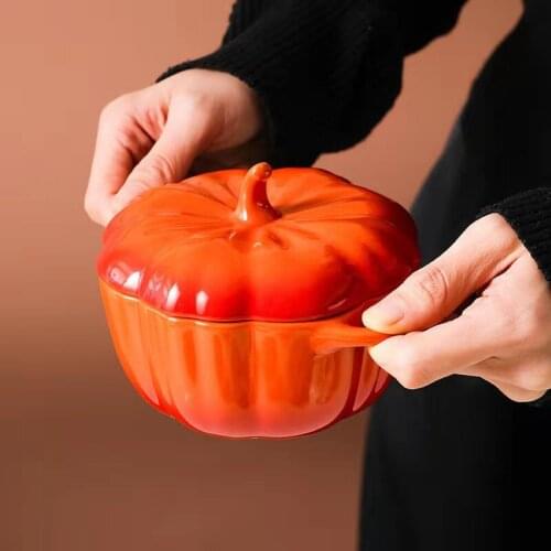Ceramic Cute Pumpkin Bowl With Lid Home Creative Rice Western Dessert Fruit Bowl Restaurant Household Retro Dinnerware