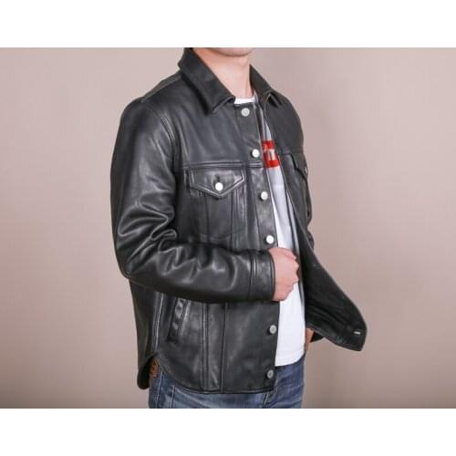 2020 Amerian cow boy genuine men high quality cowhide leather coat male denim shirt style jacket