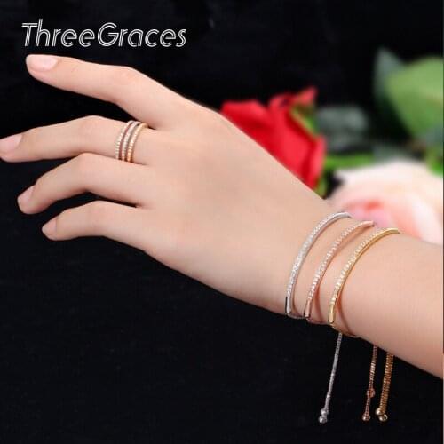 Threegraces Fashion Design Cubic Zirconia Paved Rose Gold Color Adjustable Hand Chain Bracelet Ring Jewelry Set for Women JS050