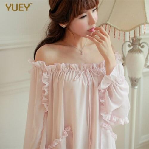 Womens Beautiful Nightgowns Sweet Long Sleeve Pink Nightgown Ladies Home Dress Lounge Ruffles Vintage Nightgowns Off-shoulder