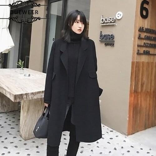 Wool Blends Women Overcoats Turn-Down Collar Retro Womens Solid Pocket Autumn Long Elegant Fashion Loose Ulzzang Korean Style
