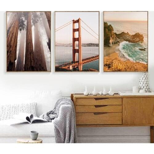 Golden Gate Bridge West Coast Landscape Photography Posters and Prints Big Sur Redwood Forest Pictures Art Canvas Painting Decor