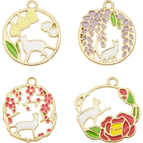 4pcs Round Alloy Charms For Earrings Cat Animals Necklace Pendants Metal Enamel Charms For Jewelry Making Flowers Keychain Gifts