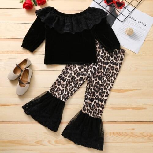 Toddler Casual Girl Outfits Clothes Child Kid Ruffle Flower Pattern Pullover Tops Leopard Patchwork Pants Outfits Clothing