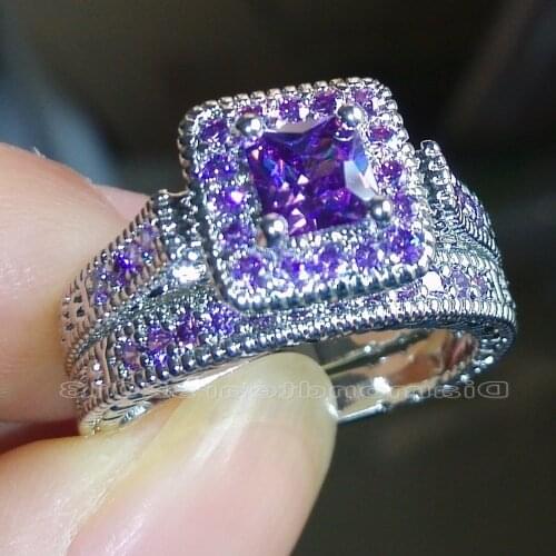 Size 5/6/7/8/9/10 princess cut Luxury Trendy 18kt white gold filled purple AAA Cubic Zirconia Wedding Ring set gift choucong
