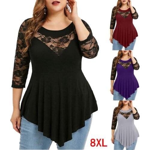 Plus size 5XL 6XL 7XL 8XL bust 130cm large size womens shirt flower lace stitching autumn round neck loose black shirt