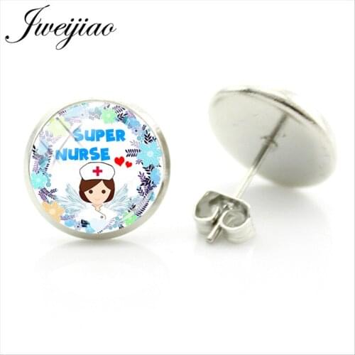 JWEIJIAO High Quality Super Nurse Earrings Keep Calm And Nurse On Stud Earrings Glass Cabochon Jewelry Brinco Bijoux NR13