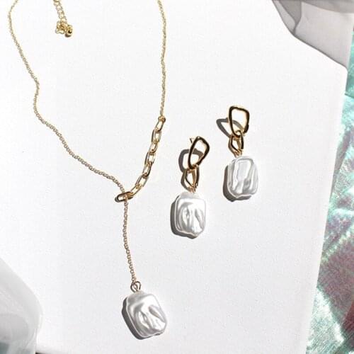 SRCOI Geometry Hollow Gold Color Metal Imitation Pearl Drop Earrings Sweet Retro Pearl Y Lariat Necklace For Women Party Jewelry