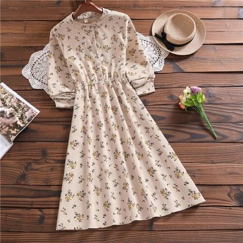 Spring autumn elegant mori girl sweet vestidos new arrivals long sleeve floral corduroy dress for lady